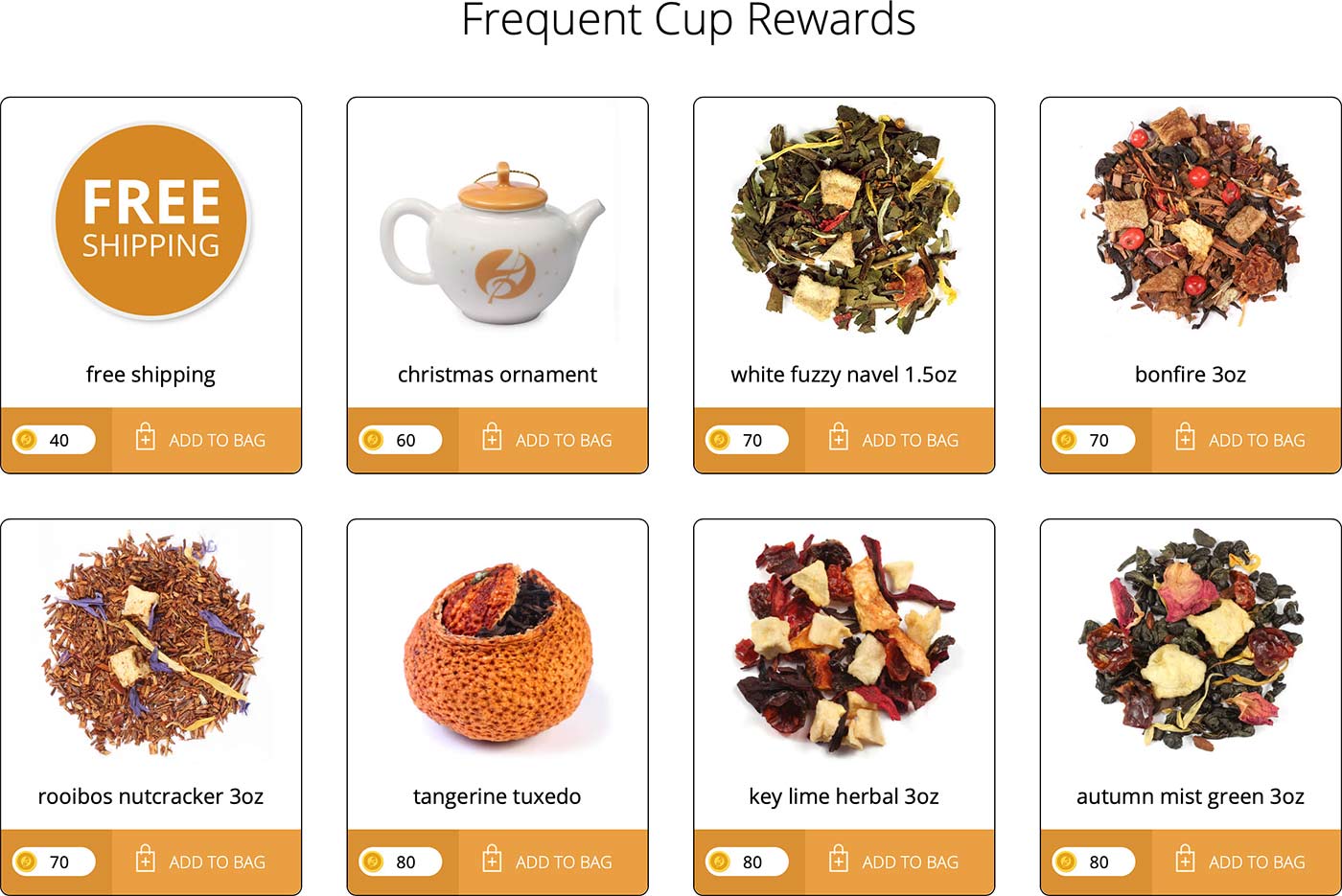 Adagio Teas screen showing teas and tangible products you can get with loyalty points.
