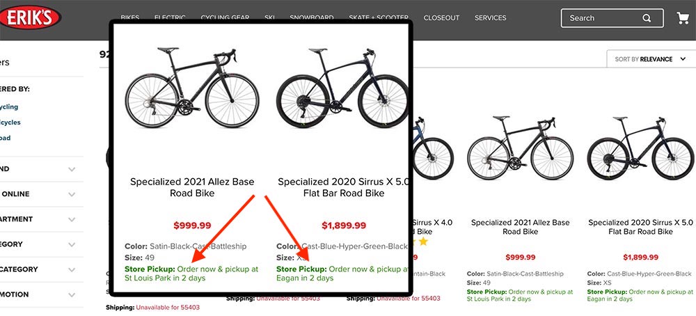 Web page from Erik's bike shop showing store pickup location