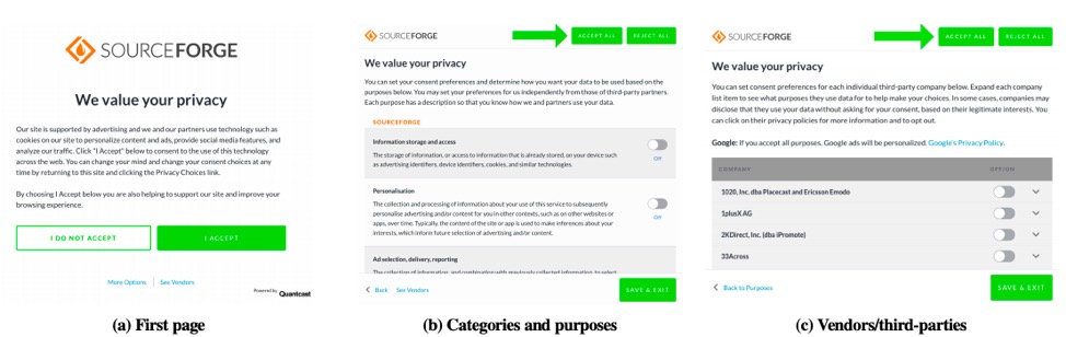 Example of the three components of the QuantCast CMP