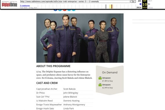 Screenshot of a Wayback Machine page for Star Trek