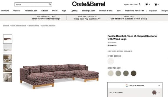 Screenshot from Crate & Barrel's website of a sectional couch product configurator.