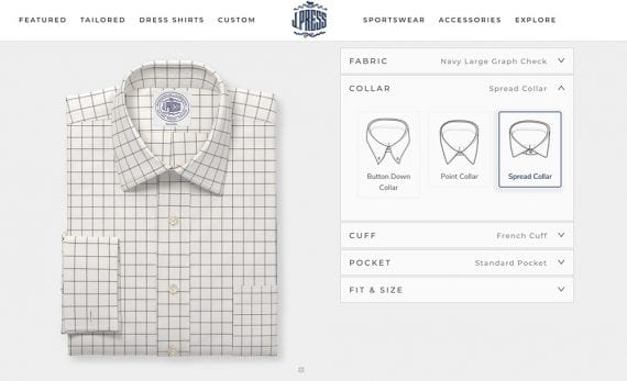 Screenshot from J.Press's website showing a custom shirt configurator.