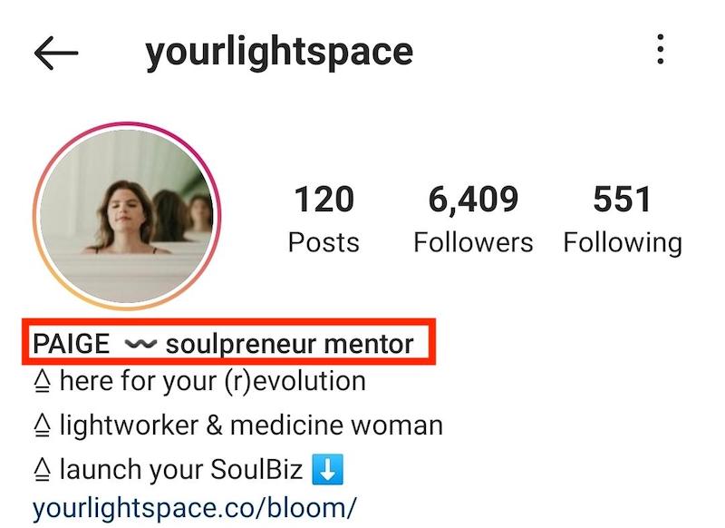 Screenshot of the bio of Instagram user @yourlightspace. 