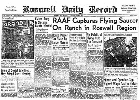 The front page of the Roswell Daily Herald a few days after the crash was discovered.