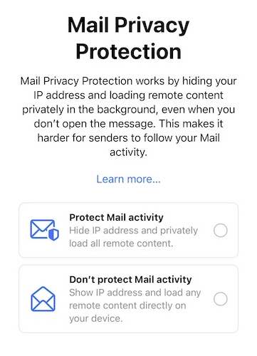 Screenshot from a smartphone of iOS 15's "Mail Privacy Protection" opt-in page.