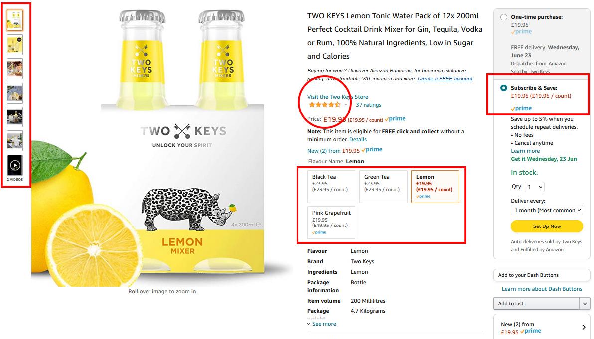 Screenshot of an Amazon listing for Lemon Tonic Water mixer