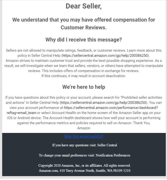 Screenshot of a warning sent by Amazon to a seller regarding offering compensation for a review.