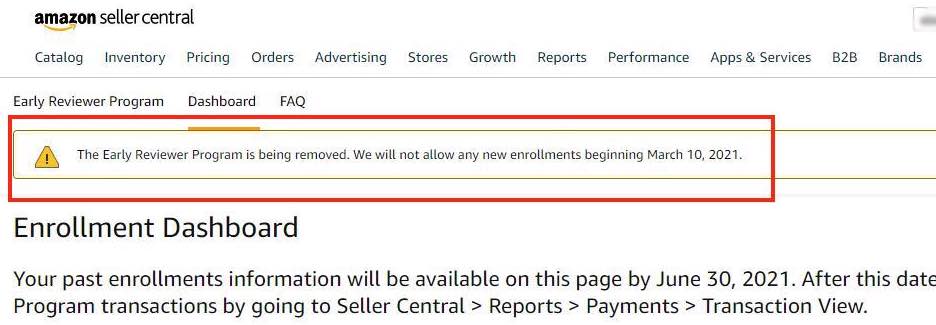 Amazon notice as posted in Seller Central, announcing the closing of the Early Review Program.