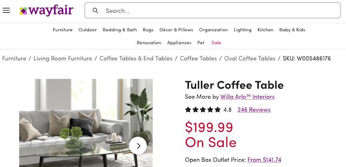Screenshot of "Tuller Coffee Table" page on Wayfair.