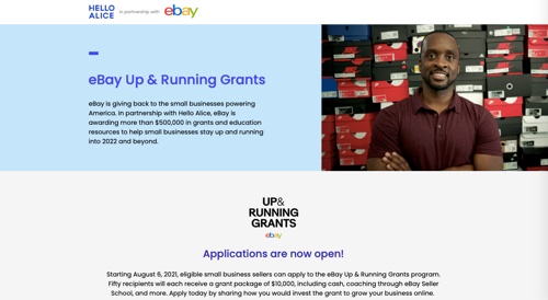 Home page of eBay's Up & Running Grants