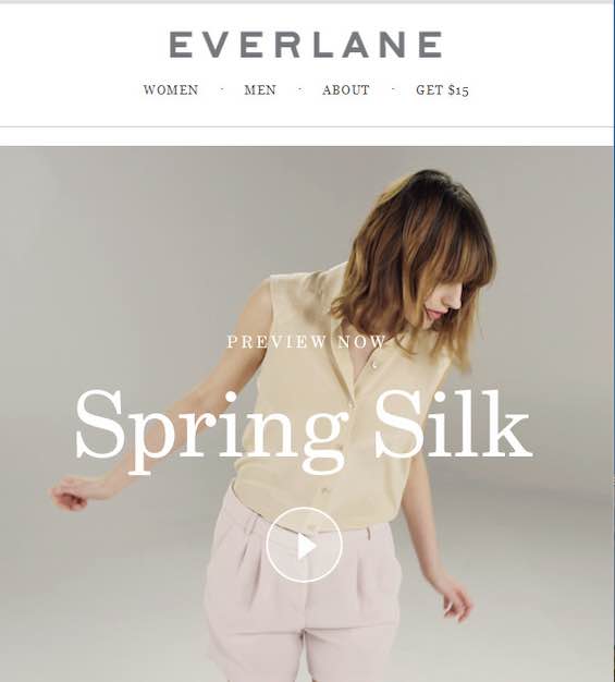 Screenshot of an email from Everlane showing a female modeling clothes with a video botton on top of the image