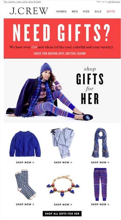Screenshot of an email gift guide from J.Crew — 