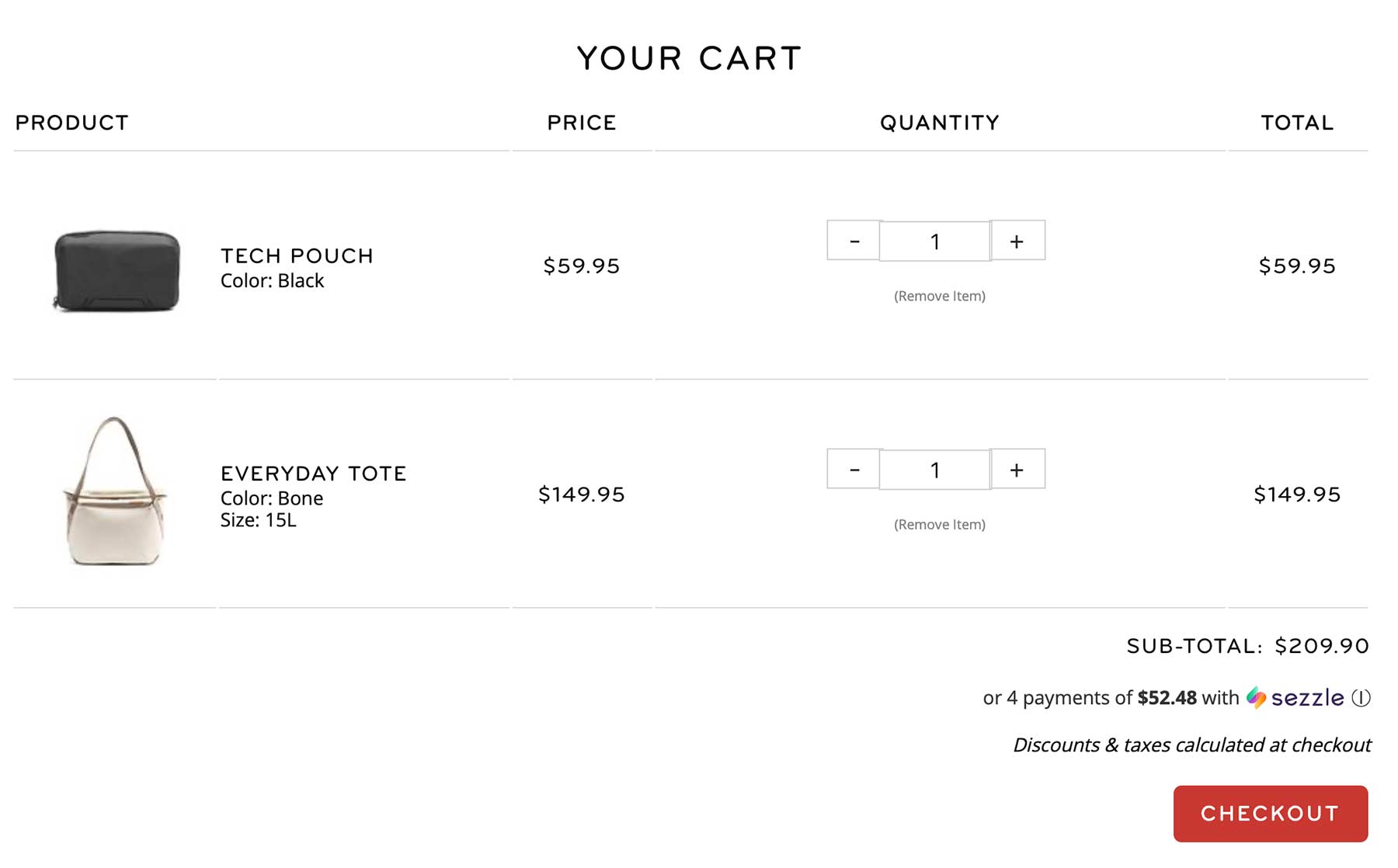 Shopping cart page displaying product photos and details