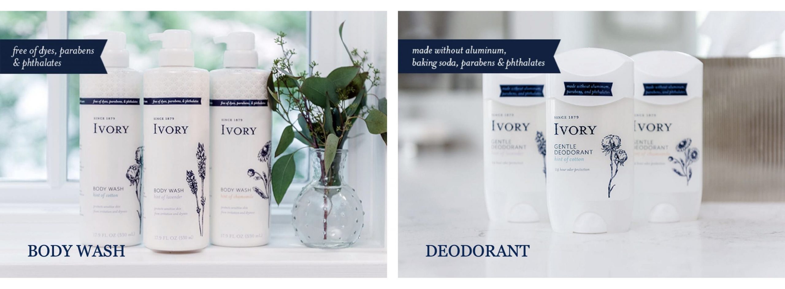 Image from Ivory.com showing two images: (a) three bottles of body wash and (b) three deodorant sticks.