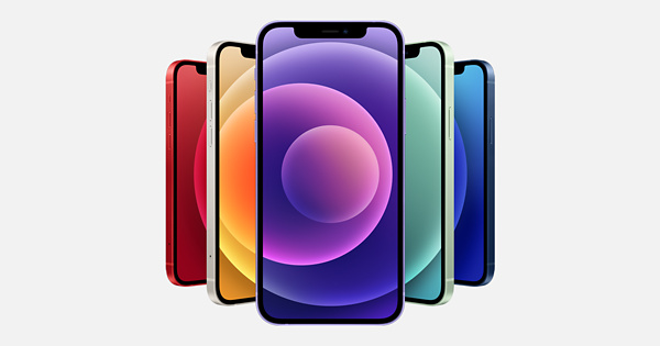 This image from Apple features five iPhones at different angles, distrances, and colors.