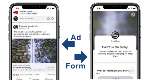 Two smartphone screenshots: a Facebook lead ad and the corresponding lead form