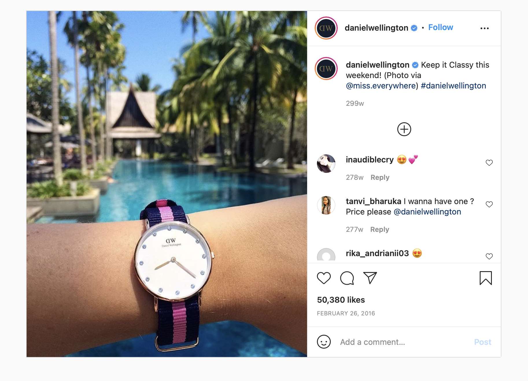 Screenshot of Daniel Wellington's Instagram page