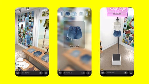 Screenshot of three smartphone screens showing the American Eagle Jeans campaign on Snapchat
