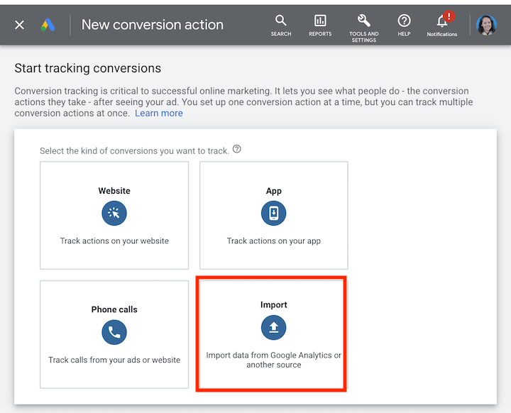 import google analytics conversions to google ads