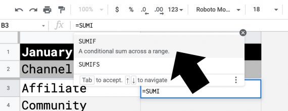 Screenshot of Google Sheets showing SUMIF being typed