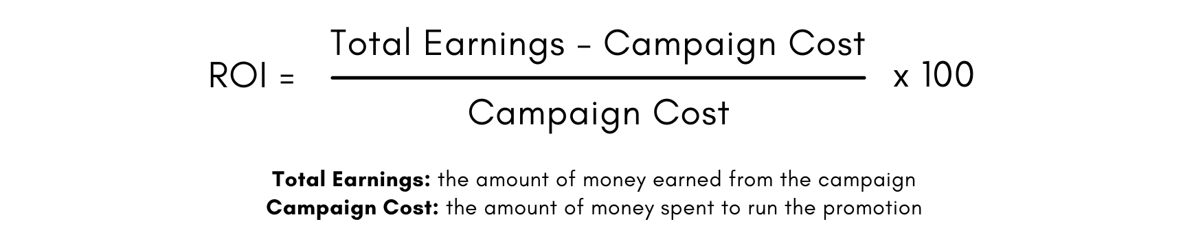 Formula to calculate ROI: total money earned minus overall campaign cost, divided by overall campaign cost, times 100.