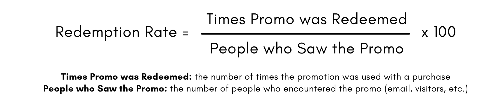 Formula for Redemption Rate: number of times the promo was redeemed divided by the number of people who saw the promo, times 100.