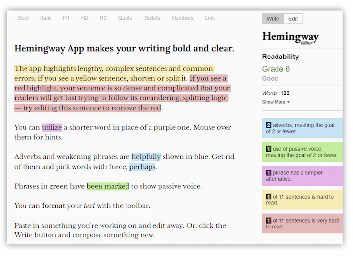 best free website graders - hemingway editor