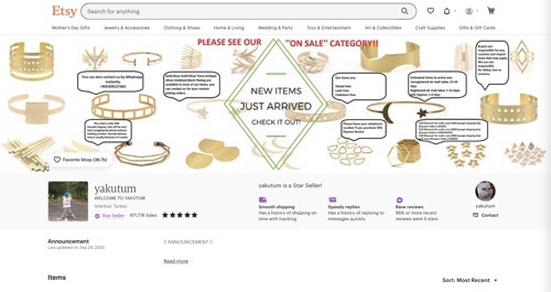 Screenshot of Yakutum Etsy shop.