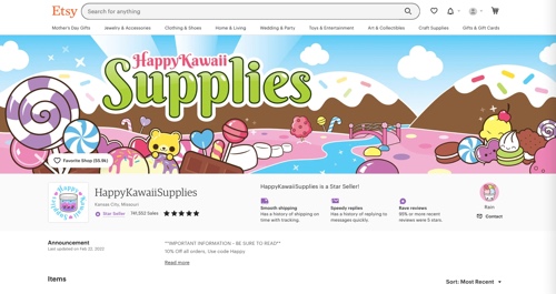 Screenshot of HappyKawaiiSupplies Etsy shop.