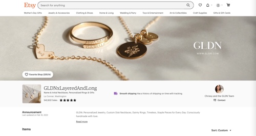 Screenshot of GLDN Etsy shop.