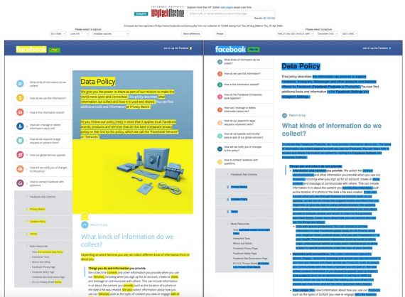 Screenshots from Wayback Machine comparing two versions of Facebook's privacy pages