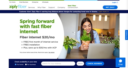 Screenshot of Ziply Fiber home page. 