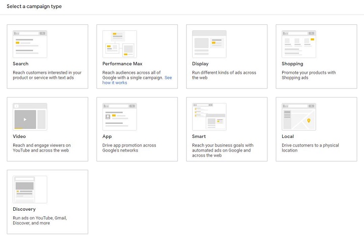 google ads account anatomy - example of campaign type options in google ad set up