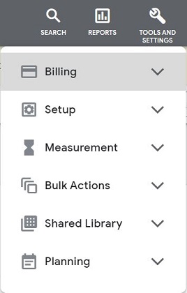 google ads account anatomy - account level settings example menu