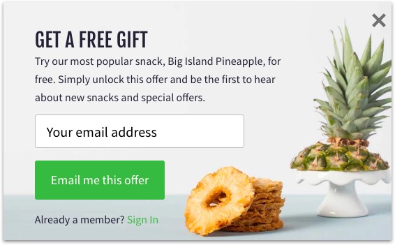 Naturebox uses power words like “free” and “gift” in their pop-ups to gain new subscribers