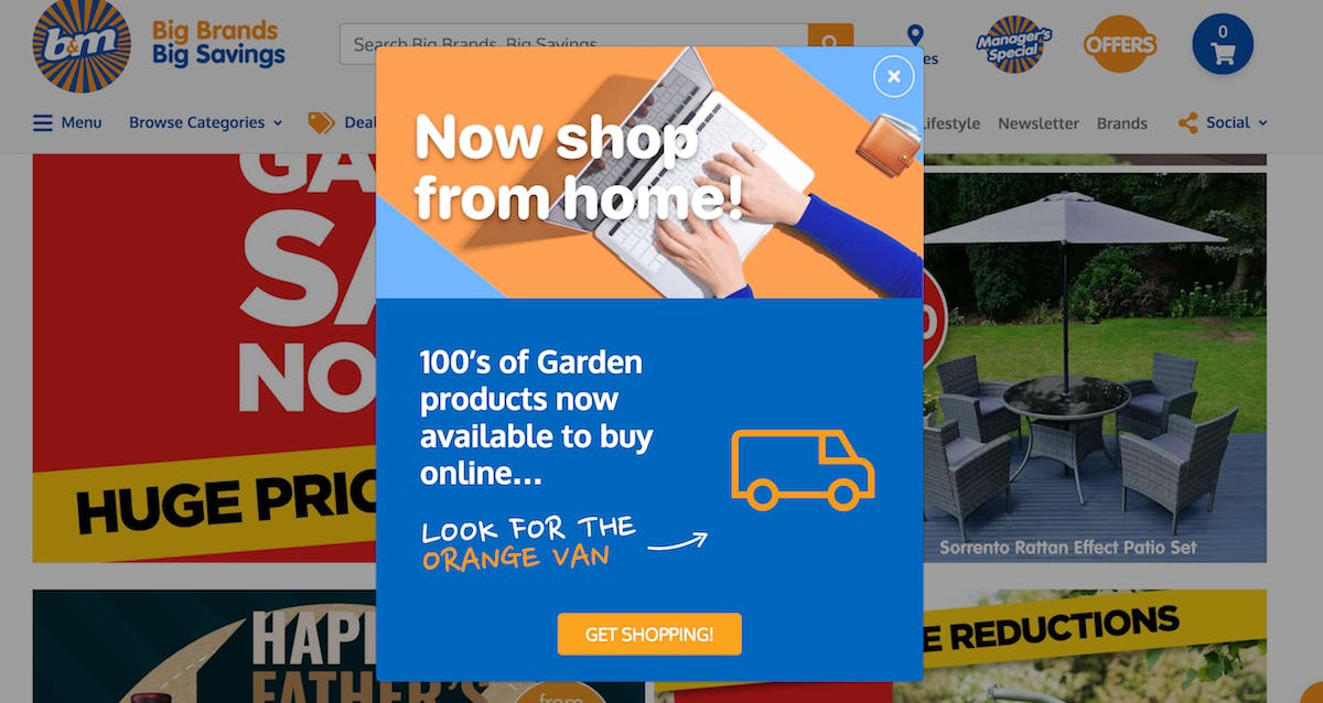 screenshot of b&m website with 'look for the van' interstitial