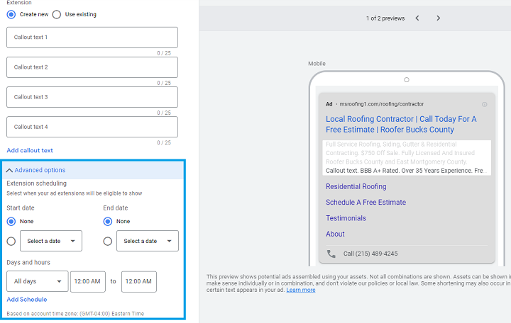 google ad extensions - example of extension scheduling