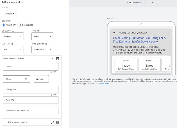 google ad extensions - price extension settings screenshot