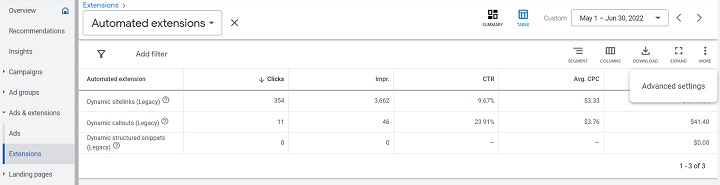google ad extensions - example of clicking into automated extension advanced settings