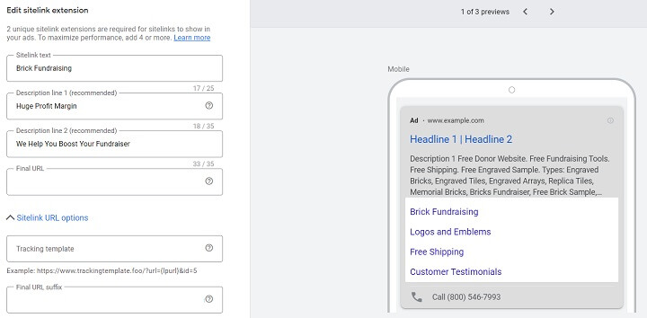 google ad extensions - screenshot of sitelink extensions in the google ad platform