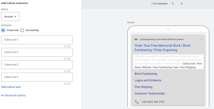 google ad extensions - callout extension setup screenshot