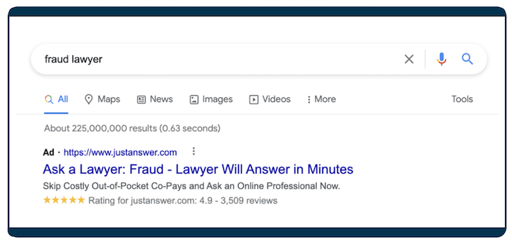 google ads examples - fraud lawyer ad