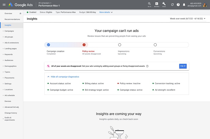 google ads updates - screenshot of the performance max campaign diagnostic insights view