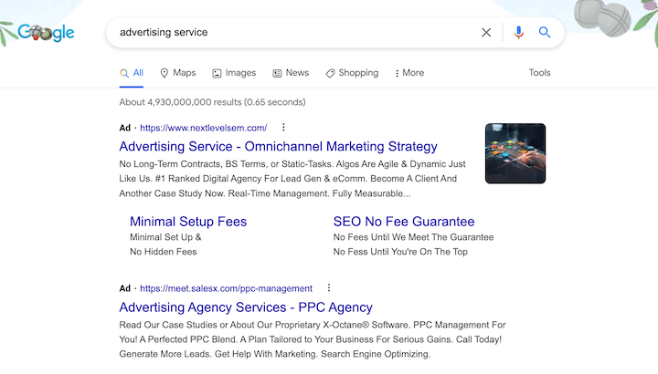 SERP for a commercial intent search for 