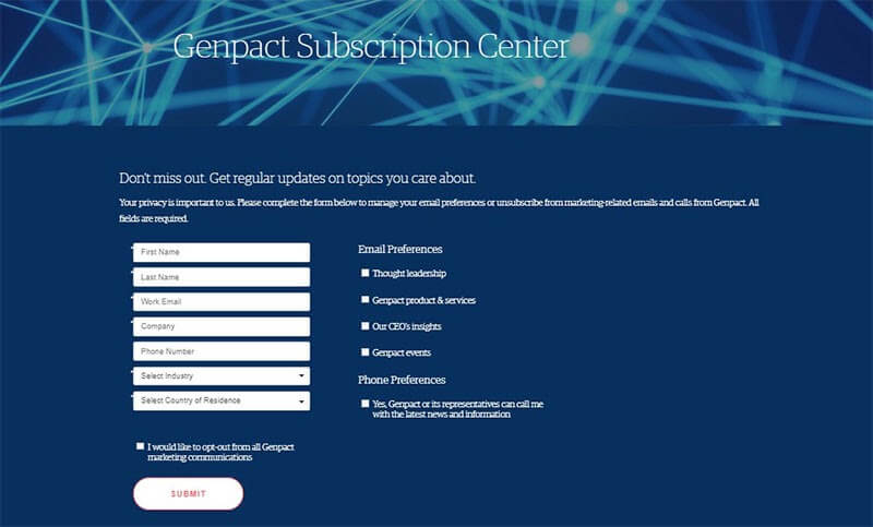 Screenshot of Genpact's email subscription center.