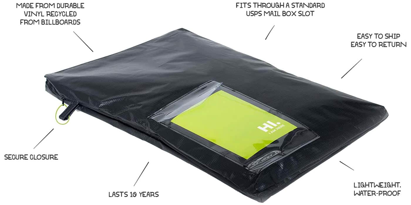 A black sturdy bag with a plastic see through pouch for holding a shipping label. 