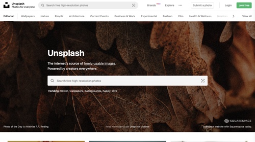 Home page of Unsplash