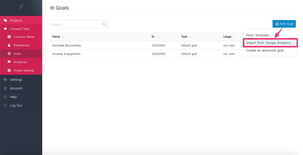 Importing goals from Google Analytics into Convert Experiences