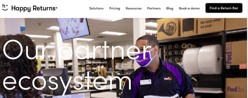 Screenshot of HappyReturns.com showing a FedEx employee