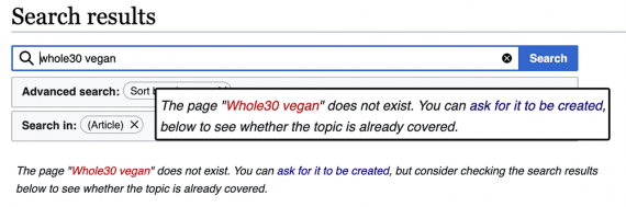 Screenshot of a Wikipedia search-result page for "whole30 vegan," showing red text indicating a page doesn't exist